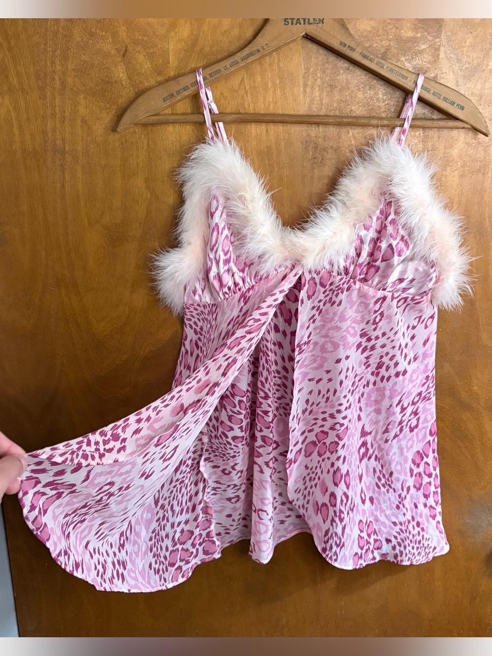 Vintage Y2K Pink Leopard Print Flyaway Babydoll Cami Top Feather Trim Mcbling